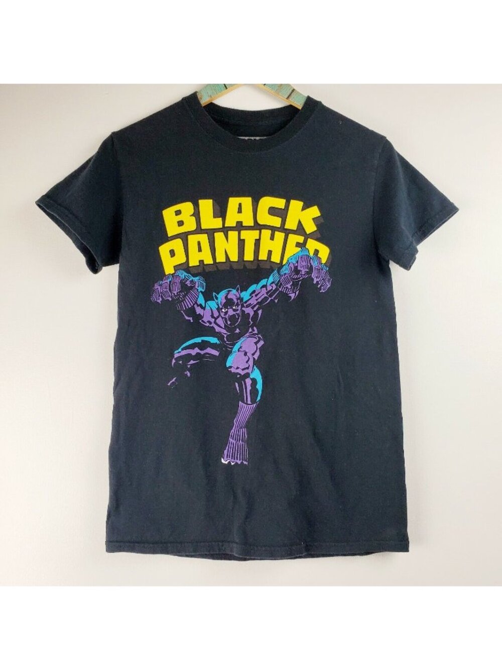 Marvel Black Panther Spell Out Comic Book Strip Graphic T-Shirt Sz S EUC